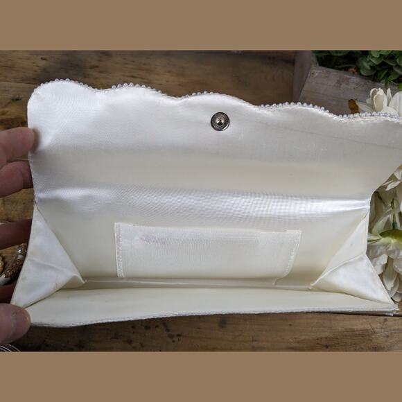 Vintage 60s Seed Bead & Sequin Ivory Floral Satin Clutch Evening Bag Hong Kong - Picture 6 of 10